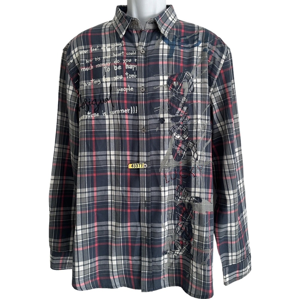 Desigual Mens Shirt Button Plaid L/S‎ KEEP GOING Spellout $109 XXL